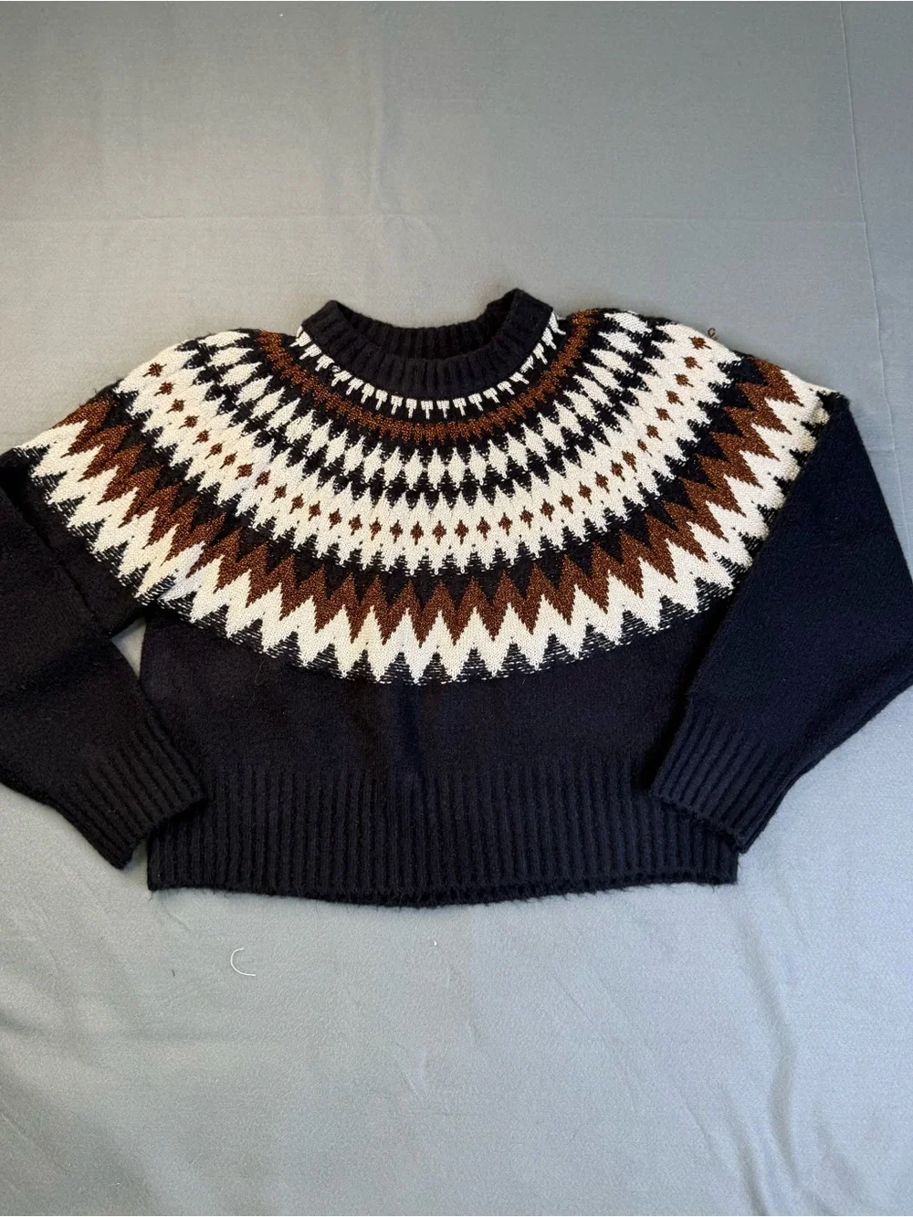 NWOT Blank NYC Black Fair Isle Yoke Sweater with White Brown Pattern